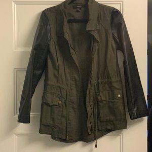 Olive jacket with black leather sleeves